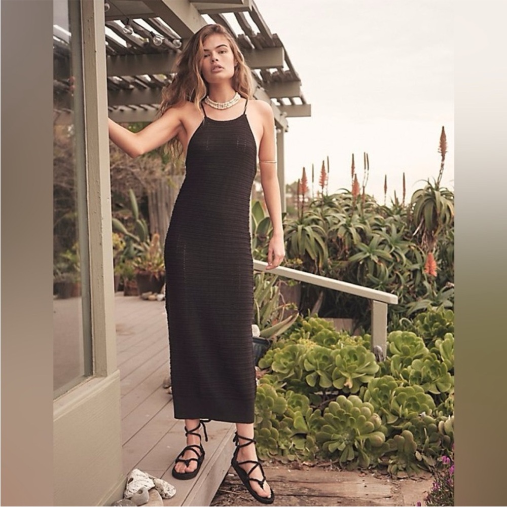 FREE PEOPLE / Mallorca Black High Halter Crochet Dress - M